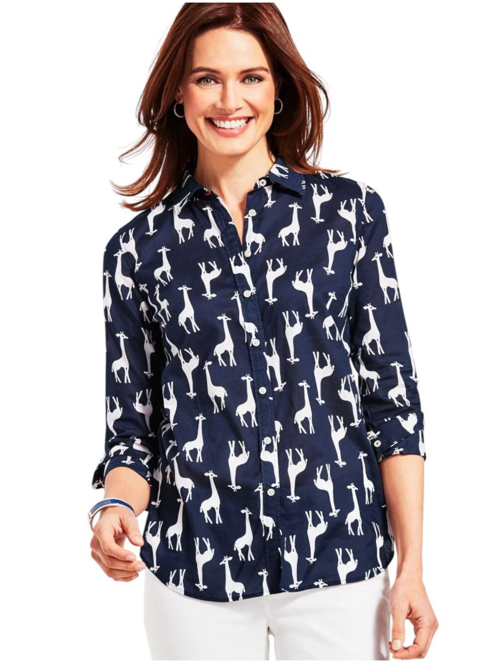 Talbots Navy Giraffe Print Cotton Long Sleeve Button Front Blouse